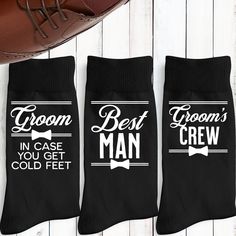 three pairs of socks with the words groom and best man in white on them next to a brown shoe