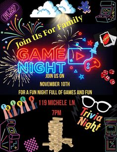 an advertisement for the game night event with neon lights and games on it's screen