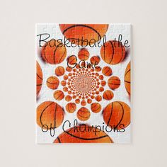 a card with an orange and white pattern on it that says basketball the game of champions