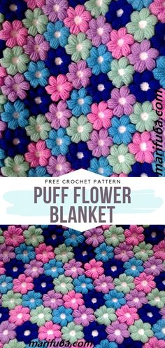 a crocheted blanket with the words puff flower blanket written in white and pink