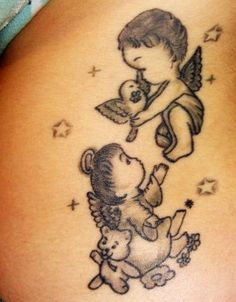 a woman with a tattoo on her stomach has a teddy bear and angel holding a baby