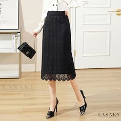 Lasaky - Elegant High-Waisted Black Lace Panel Fashion Pencil Skirt Lace Evening Gowns, Glamorous Party, Knit Midi Skirt, Lace Bridal Gown, Pencil Skirt Black, Floor Length Dresses, Evening Gowns Formal, Lace Panelled, Bridal Lace