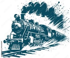 vintage train moving forward releasing smoke from the chimney stencil illustration with splattered ink Векторне зображення Stock | Adobe Stock Stencil Illustration, Sketch Inspiration, Drip Painting, Moving Forward, Line Art