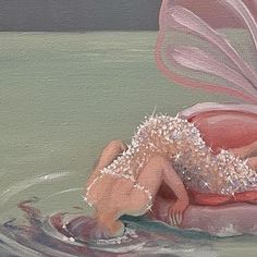 a painting of a woman floating on top of a body of water with a butterfly wings above her head