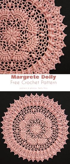 crocheted doily is shown in pink and black, with two pictures of the doi