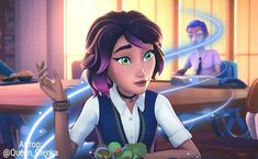 a cartoon character sitting at a table with food in front of her and two other people behind him