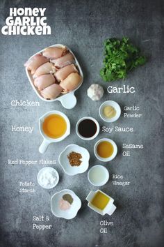 the ingredients for honey garlic chicken are shown here