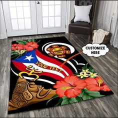 an area rug with flowers and cowboy boots on it