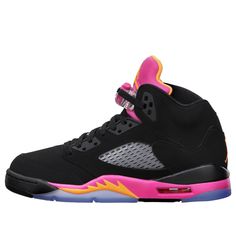 Hitting shelves in 1990, Air Jordan 5 combines the mesh side panels and a translucent sole. Taking inspiration from World War II fighter planes and Jordan’s biting style, Tinker Hatfield added “shark-teeth”  into the sneaker's design along the midsole.\n Jordans Bright, Jordan 5 Pink, Jordans For Kids, Jordan 5s, Jordan Shoes For Kids, Pink Basketball Shoes, Cute Jordans, Sky Shoes, Zapatillas Jordan Retro