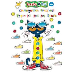 a poster with an image of a cat wearing sunglasses and yellow raincoat, surrounded by shoes