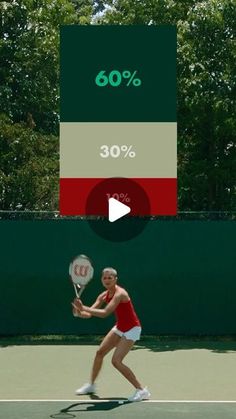 a woman holding a tennis racquet on top of a tennis court with trees in the background