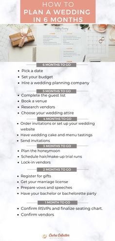 the wedding checklist is shown with text that reads, how to plan a wedding in 6 months