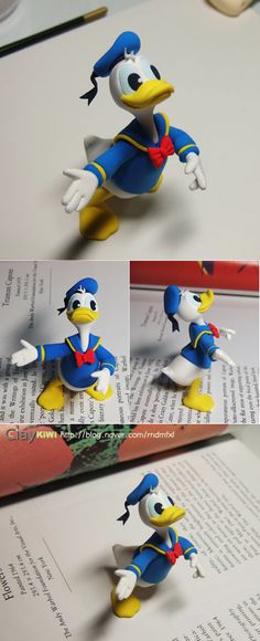 several photos of donald ducky figurines sitting on top of a book page