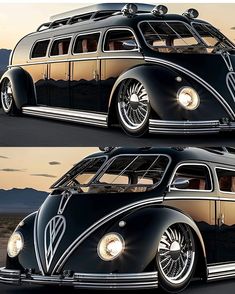 two pictures of a vw bug in black and gold with mountains in the background