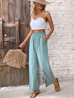 F00187728-102 Casual Summer Bottoms With Button Closure, Casual High-waist Buttoned Pants, Casual High Waist Pants With Buttons, Casual Summer Wide Leg Pants With Button Closure, Casual Wide Leg Pants With Button Closure For Summer, Wide Leg Pants With Button Closure For Spring, Spring Wide Leg Cotton Pants With Buttons, Green Summer Pants With Button Closure, Summer Green Pants With Button Closure