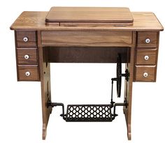 a wooden desk with drawers and an ironing board