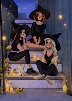 two women in witches costumes sitting on the steps with candles around them and one wearing a witch hat