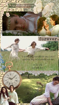 the collage shows two women in white dresses and an old clock