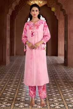 Cherry blossom pink kurta with prints, tassels, coin and sequin work. Comes with matching printed pant. - Aza Fashions Pink Straight Kurta Sets With Dabka Detail, Pink Straight Kurta Set With Dabka, Festive Pink Floral Print Palazzo Set, Pink Pant Set With Dupatta For Eid, Pink Pant Set With Dupatta For Wedding, Festive Pink Pant Set With Dupatta, Pink Wedding Pant Set With Dupatta, Pink Chikankari Embroidered Pant Set For Wedding, Pink Chikankari Embroidered Wedding Pant Set