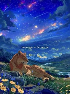 a lion sitting on top of a lush green field under a sky filled with stars