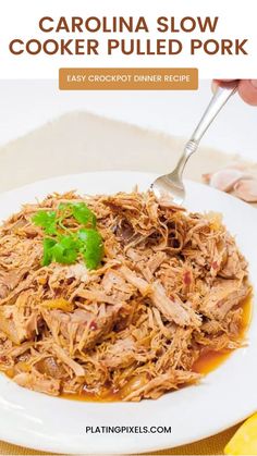 Tender and juicy pulled pork made easy in a slow cooker with a blend of rich spices and tangy broth. Perfect for sandwiches, tacos, or as a main dish with your favorite sides. Get the recipe for this delicious and effortless Carolina-style pulled pork on my website. Bbq Pork Roast, Easy Pulled Pork Slow Cooker, Pork Pulled, Slow Cooker Teriyaki, Pork Sandwiches, Diy Easy Recipes, Smoked Pulled Pork