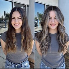 Fall Balayage Light Brunette, Grey Blended Hair Dark Brown, Lived In Money Piece, Blonde And Black Balayage, Pale Skin Balayage Hair, Grey Blending Balayage Brunette, Mallen Streak Hair, Ash Blonde Hair With Money Piece, Brown Balayage With Money Piece