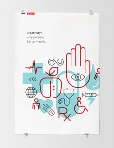 a white poster with red and blue symbols on it that says creativity is the key to better health