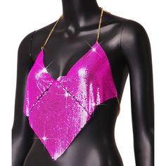 Pink metal halter top. Glamorous Triangle Halter Top, Metallic Halter Top For Summer Party, Glamorous Summer Halter Top For Festival, Summer Party Metallic Halter Top, Glamorous Summer Festival Halter Top, Metallic Sleeveless Halter Top For Night Out, Sequin Halter Neck Top For Club, Edgy Halter Top For Summer Parties, Sequined Halter Neck Top For Club