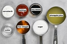 six spoons with different types of sugar and other ingredients on them, all labeled in the same word