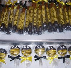 there are many chocolates in the shape of bees with eyes and noses on them