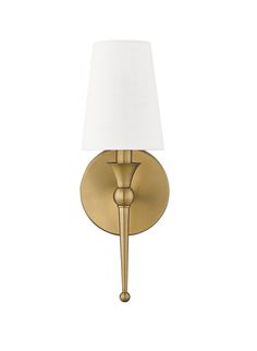 a gold wall light with a white shade on the top and bottom half of it