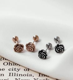 "☞ These earrings are a pair. ♥Flower rose stud earrings | tiny rose cartilage earrings | screw back earrings | Rose stud earrings | second stud earrings | Surgical steel♥ ♡ Jewelry can be used as Cartilage Earring You can Sleep in. Simple daily earrings You good choice! ∙ ∙ ∙ ∙ ∙ ∙ ∙ ∙ ∙ D E T A I L S ∙ ∙ ∙ ∙ ∙ ∙ ∙ ∙ ∙ ∙ - MATERIAL: High-Quality Surgical steel. -Color : Silver, Rose Gold -Size : Width : 6mm -Bar tickness : 20G ( 0.8mm) ∙ ∙ ∙ ∙ ∙ ∙ ∙ ∙ ∙ ∙ P R E P A R A T I O N ∙ A N D ∙ P R O C Trendy Rose Gold Cartilage Earrings, Trendy Rose Gold Cartilage Earrings For Gift, Second Stud Earrings, Second Stud, Cartilage Piercing Stud, Daily Earrings, Kpop Earrings, Second Hole Earrings, Multiple Earrings