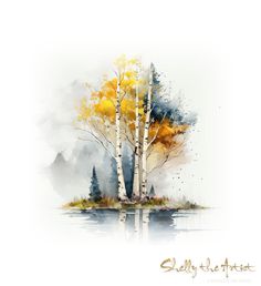 a watercolor painting of trees with yellow leaves