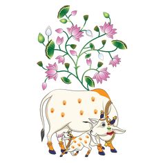 two cows are standing next to each other with flowers on their heads and leaves coming out of the cow's back