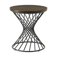 a round metal table with wood top and wire design on the bottom, against a white background