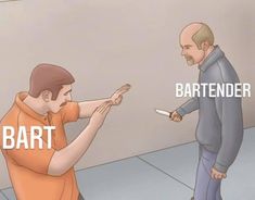 a man holding a knife and pointing at another person with the words bartender on it