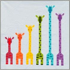 a group of giraffes standing next to each other on a white background