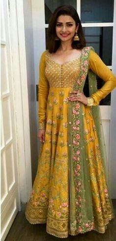 Beautiful Prachi Desai Yellow Salwar Suit, Yellow Salwar, Silk Anarkali Suits, Prachi Desai, Silk Anarkali, Green Lehenga