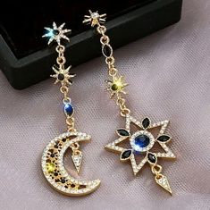 Cosmic MOON and STARS Gold RHINESTONE Zodiac Betsey Johnson Earrings Black 3" | eBay Galaxia Beauty Jewelry, Stars Gold, Betsey Johnson Earrings, Simi Valley, Fashion Jewelry Earrings, Moon And Stars, Gold Rhinestone, Earrings Black, Astrology Zodiac