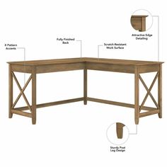 the corner desk has three sections labeled with names and features for each section, including an x - frame