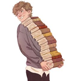 a man holding a stack of books on his back