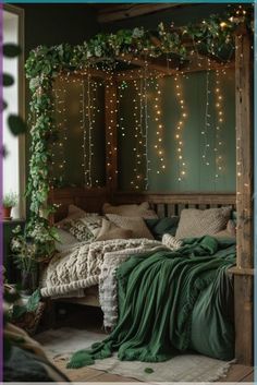 #homedecor, #interiordesign, #homedesign, #decor inspiration Cozy Bedroom Aesthetic Green, Dark Fantasy Bedroom Aesthetic, Dark Green Forest Bedroom, Forest Green Room Ideas Bedroom Aesthetic, Dark Fantasy Bedroom Ideas, Forest Green Bedding Ideas, Dark Green Witchy Bedroom, Dark Forestcore Bedroom, Brown Black And Green Bedroom