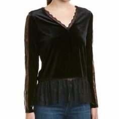 Allison New York Saks Fifth Ave Black Velvet Lace Peplum Long Sleeve Lace Panel Scalloped V-Neck Lace Trim Exposed Open Back Lace Panel Detail Witchy Core Goth Core Dark Academia Blouse Color: Black Material: (See Fabric Content Photo) Size: M Approximate Measurements: Chest 21" Waist 20" Length 19" 25" (Lace) Condition: Nwot No Trades Please. V-neck Tops With Lace Trim For Work, V-neck Lace Trim Tops For Work, Dark Academia Blouse, Academia Blouse, Sleeveless Wrap Top, Goth Core, Lace Tunic Tops, Hooded Flannel, Lace Peplum