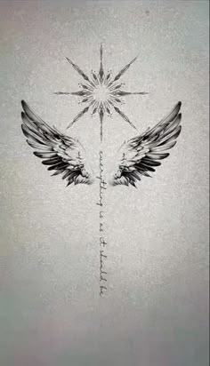 an artistic drawing of a star and two wings on a white background with the word love written below it