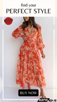 Fashion Printed Long Sleeve V-neck Swing Dress Spring V-neck Maxi Dress For Date Night, Flowy Midi Dress With Surplice Neckline For Fall, Chic V-neck Dress With Notched Neckline And Floral Print, Spring Brunch V-neck Dress With Notched Neckline, Chic Fall Maxi Dress With Surplice Neckline, Orange V-neck Midi Dress For Vacation, Fitted V-neck Long Sleeve Beach Dress, Fitted V-neck Long Sleeve Dress For Beach, Elegant V-neck Dress For Fall Vacation