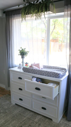 a baby crib in front of a window with plants hanging from it's roof