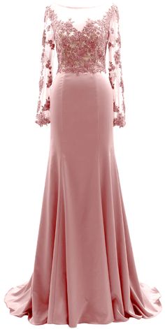 a pink evening gown with long sleeves and beading on the shoulders, in front of a