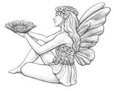 a pencil drawing of a fairy holding a flower in her hand and sitting on the ground