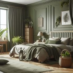 a bedroom with green walls and wooden floors