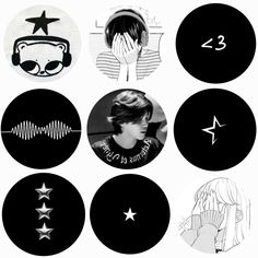 six black and white buttons with different designs on them, including one woman's face